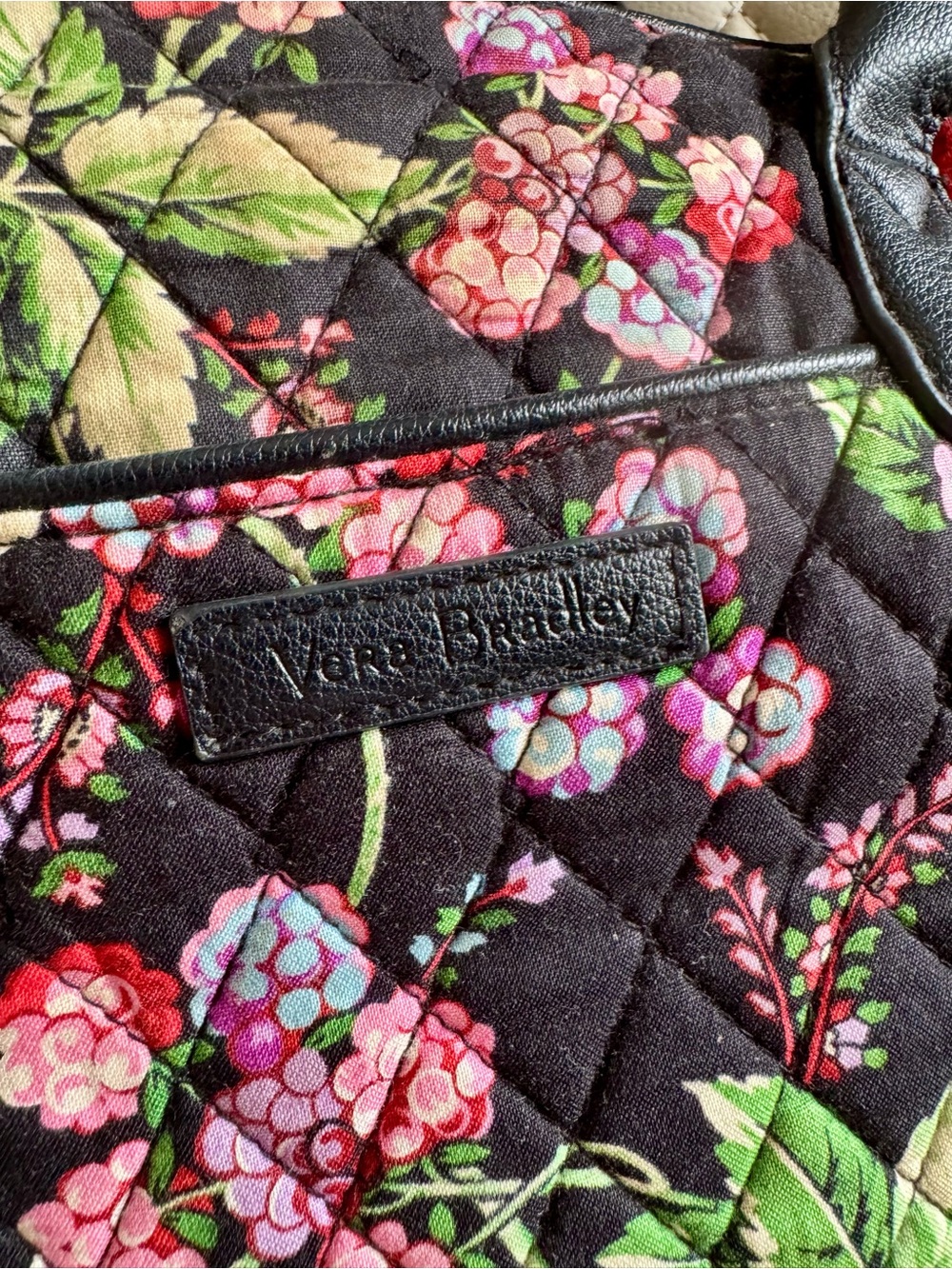 Vera Bradley Black Quilted Tote with Pink & Green Floral Print - Picture 3 of 7